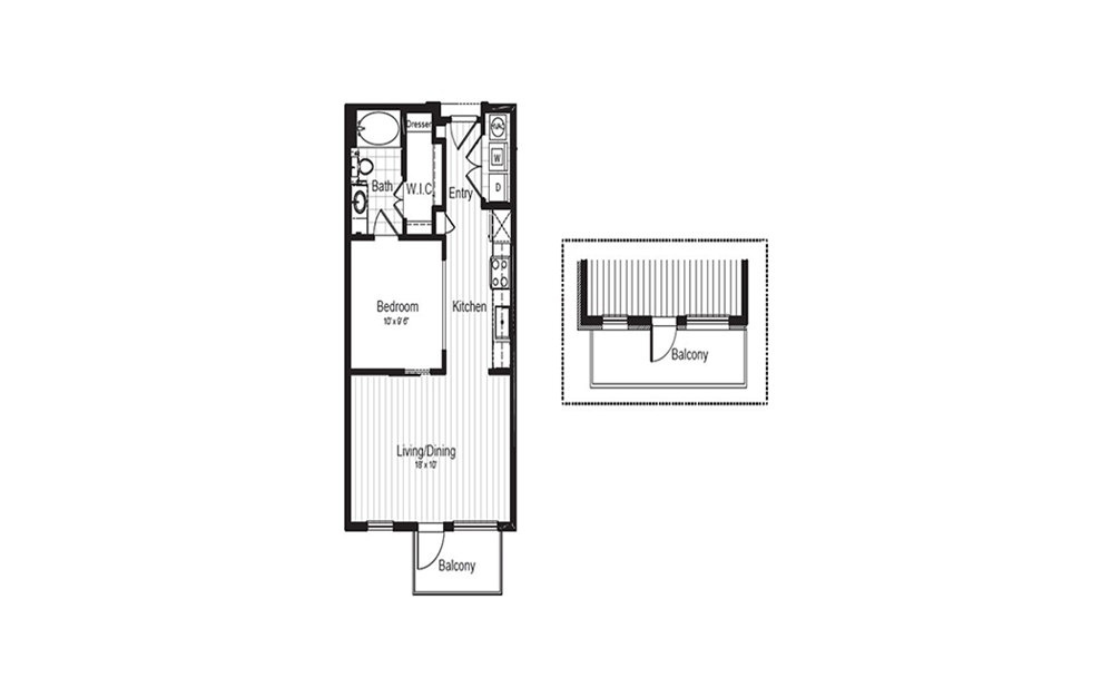 A0 - 1 bedroom floorplan layout with 1 bath and 597 square feet. (2D)