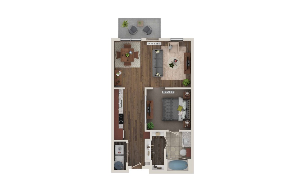 A0 - 1 bedroom floorplan layout with 1 bath and 597 square feet. (3D)