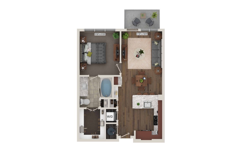 A1 - 1 bedroom floorplan layout with 1 bath and 679 square feet. (3D)