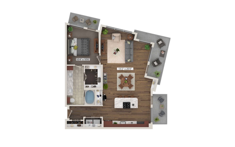 A10 - 1 bedroom floorplan layout with 1 bath and 905 square feet. (3D)