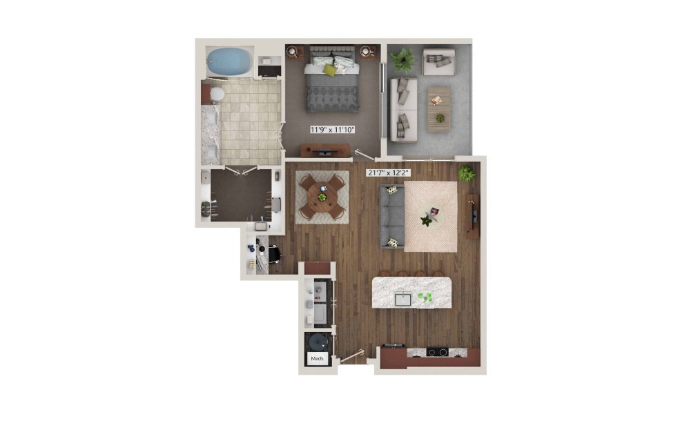 A11.1 - 1 bedroom floorplan layout with 1 bath and 862 square feet. (3D)