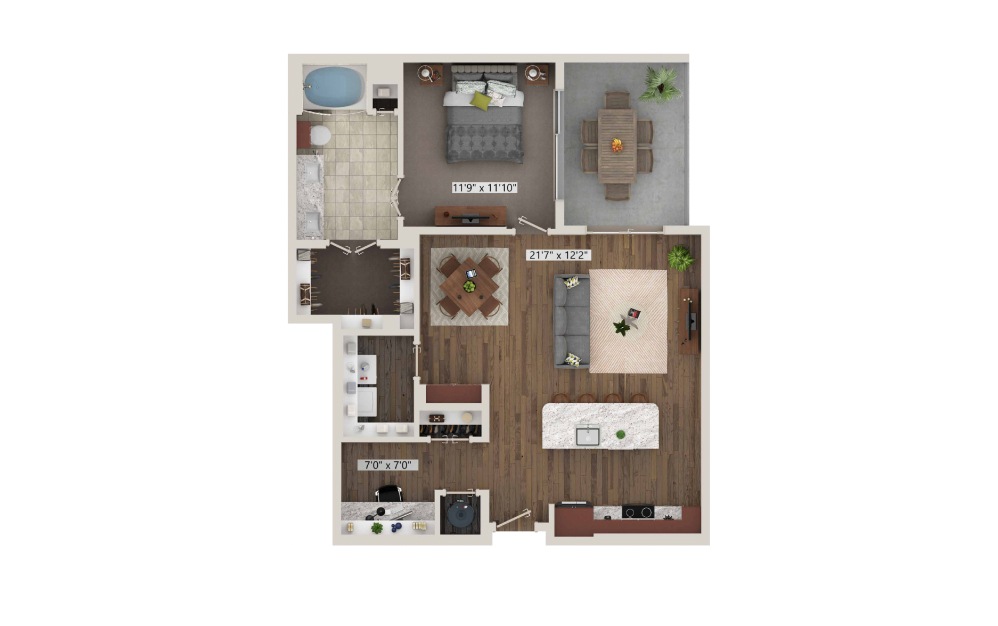 A11 - 1 bedroom floorplan layout with 1 bath and 925 square feet. (3D)