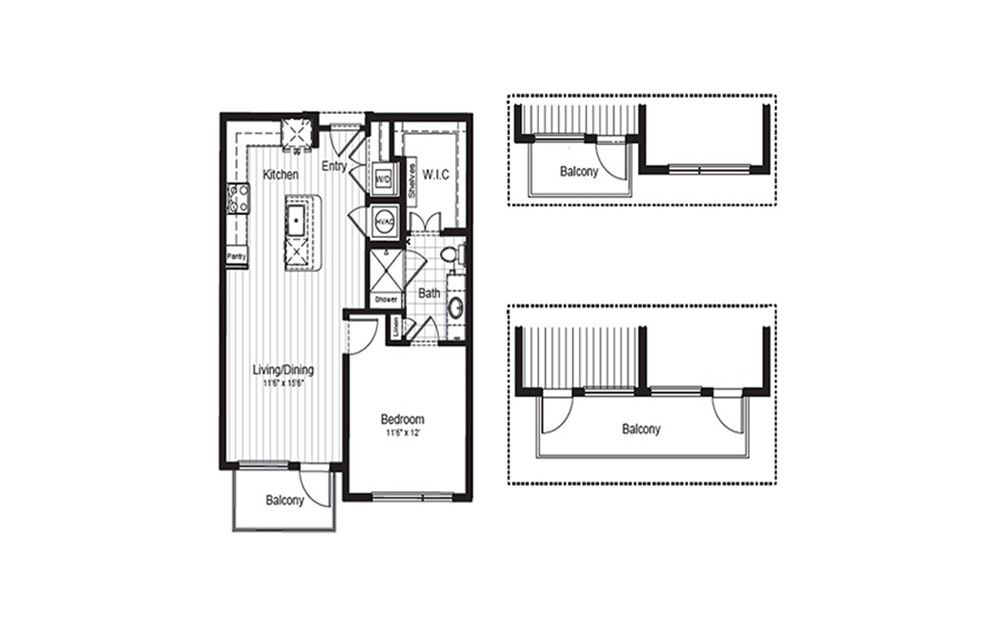 A3.1 - 1 bedroom floorplan layout with 1 bath and 709 to 739 square feet. (2D)