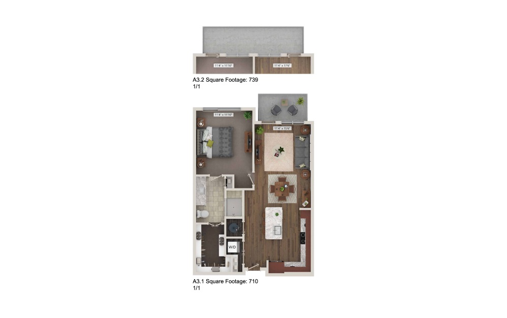 A3.1 - 1 bedroom floorplan layout with 1 bath and 709 to 739 square feet. (3D)