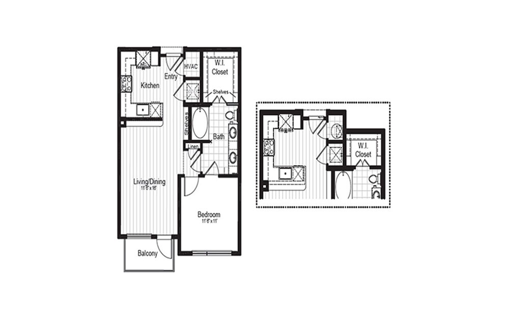 A3 - 1 bedroom floorplan layout with 1 bath and 689 to 710 square feet.