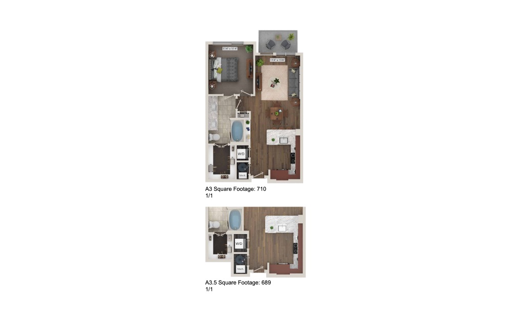 A3 - 1 bedroom floorplan layout with 1 bath and 689 to 710 square feet. (3D)