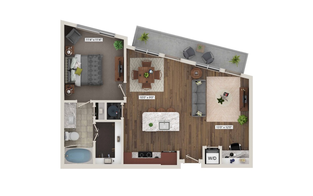 A4 - 1 bedroom floorplan layout with 1 bath and 757 square feet. (3D)