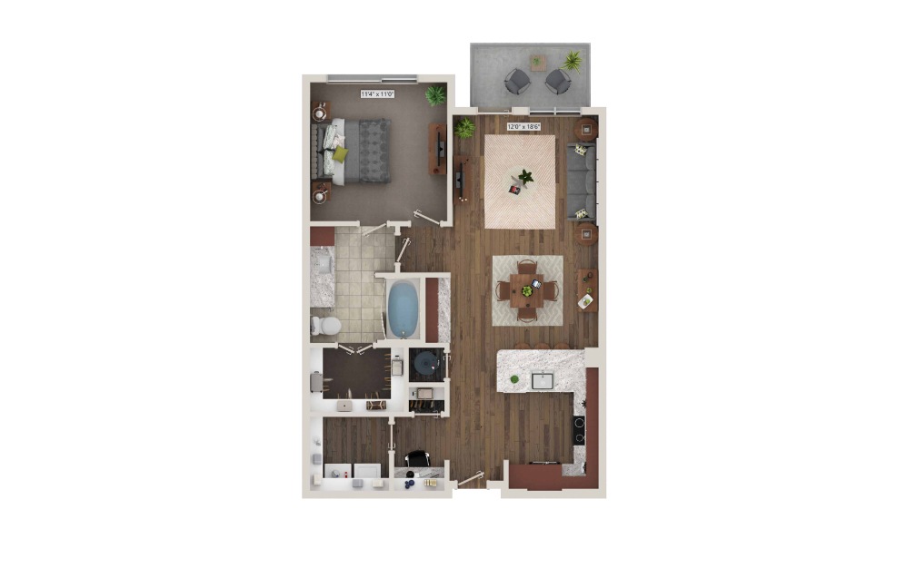 A5 - 1 bedroom floorplan layout with 1 bath and 792 square feet. (3D)