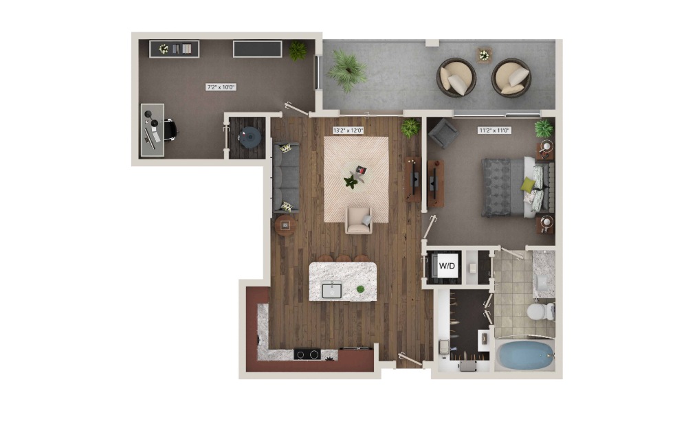 A6 - 1 bedroom floorplan layout with 1 bath and 770 square feet. (3D)