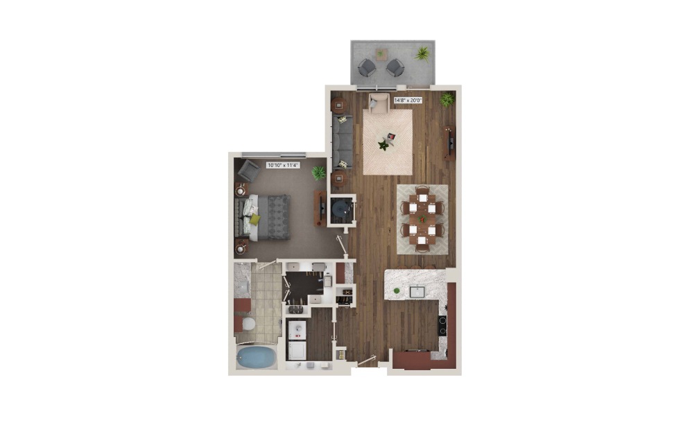 A8 - 1 bedroom floorplan layout with 1 bath and 783 square feet. (3D)