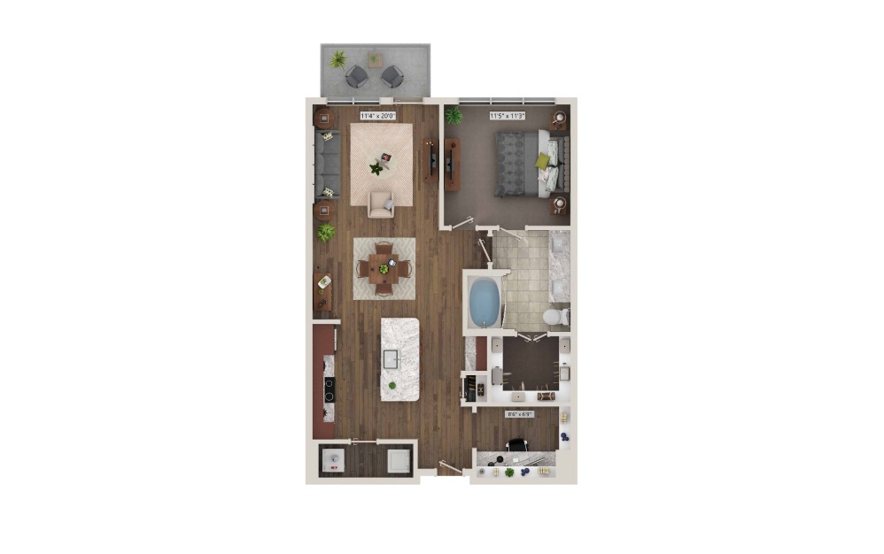 A9.1 - 1 bedroom floorplan layout with 1 bath and 858 square feet. (3D)