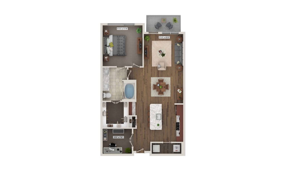 A9 - 1 bedroom floorplan layout with 1 bath and 889 square feet. (3D)