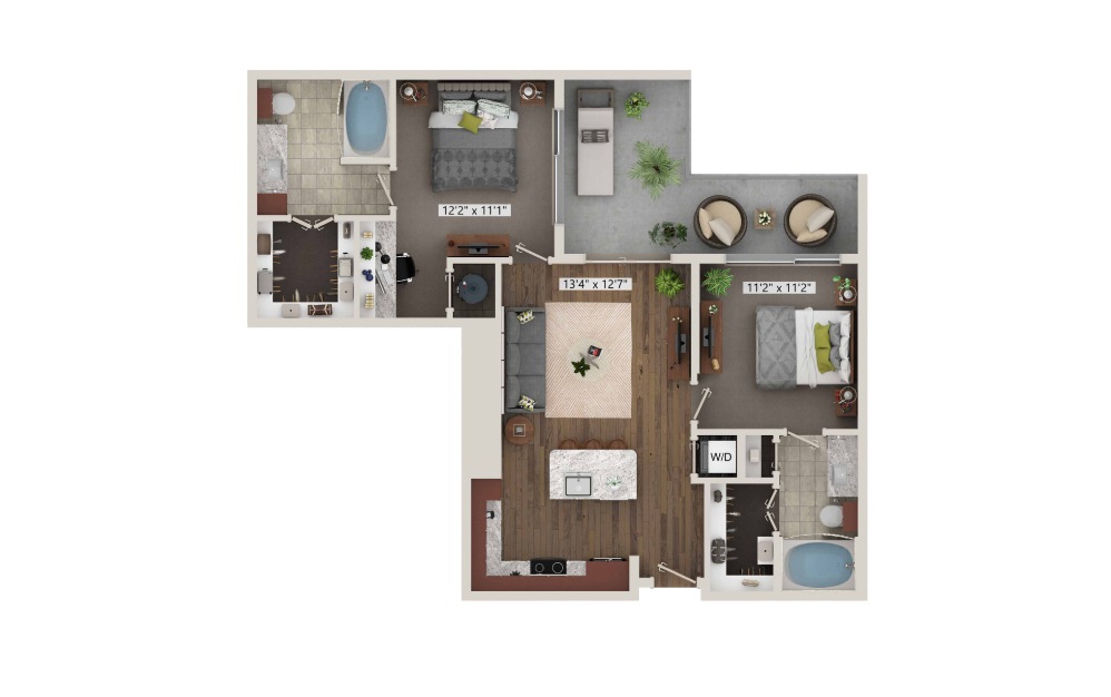 B0 - 2 bedroom floorplan layout with 2 baths and 970 square feet. (3D)