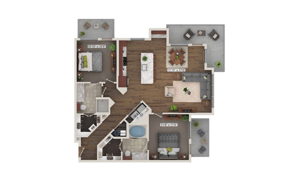 B1 - 2 bedroom floorplan layout with 2 baths and 1113 square feet. (3D)