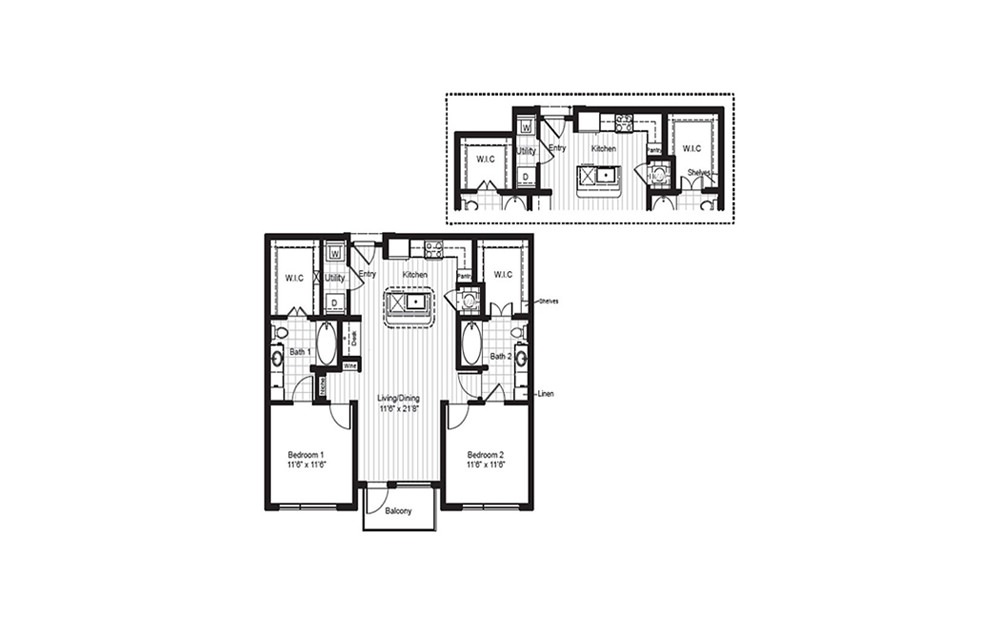 B2 - 2 bedroom floorplan layout with 2 baths and 1061 to 1083 square feet. (2D)