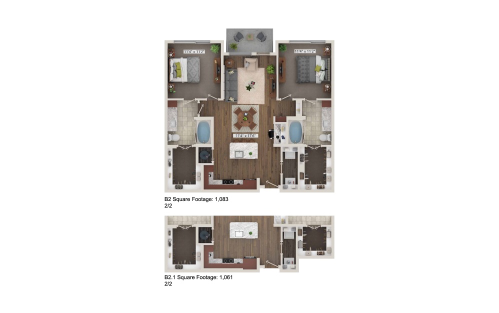 B2 - 2 bedroom floorplan layout with 2 baths and 1061 to 1083 square feet. (3D)