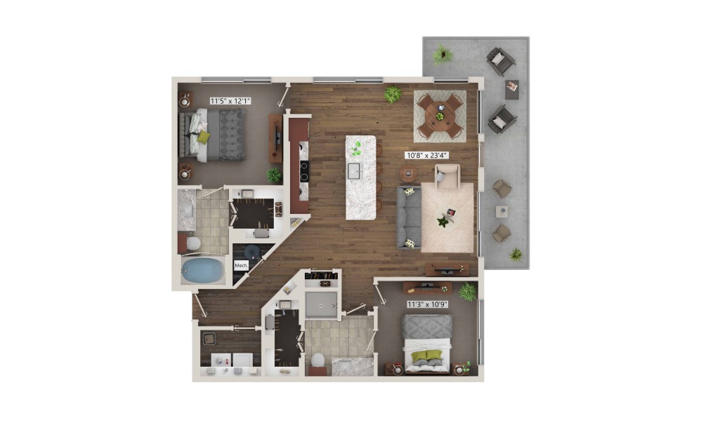 B4 - 2 bedroom floorplan layout with 2 baths and 1172 square feet. (3D)