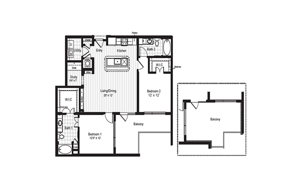 B5 - 2 bedroom floorplan layout with 2 baths and 1211 square feet.