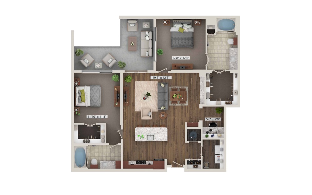B5 - 2 bedroom floorplan layout with 2 baths and 1211 square feet. (3D)