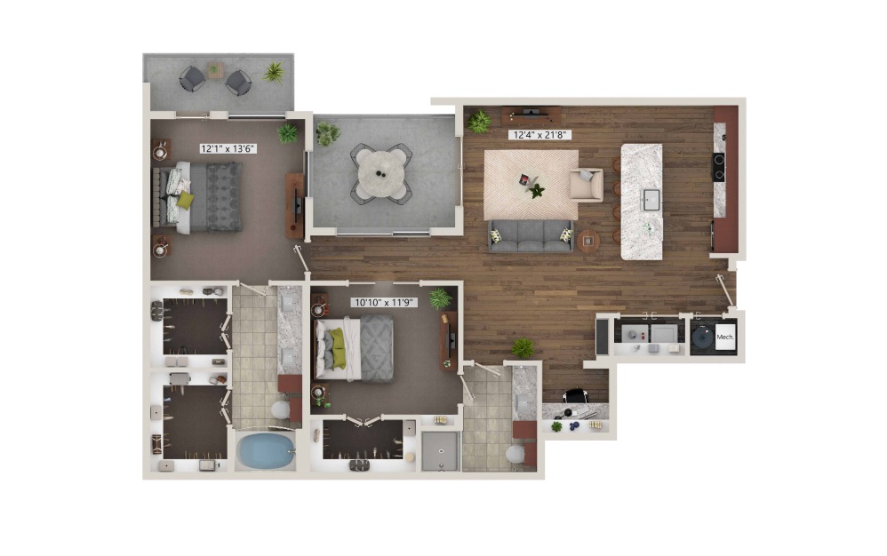 B6 - 2 bedroom floorplan layout with 2 baths and 1267 square feet. (3D)