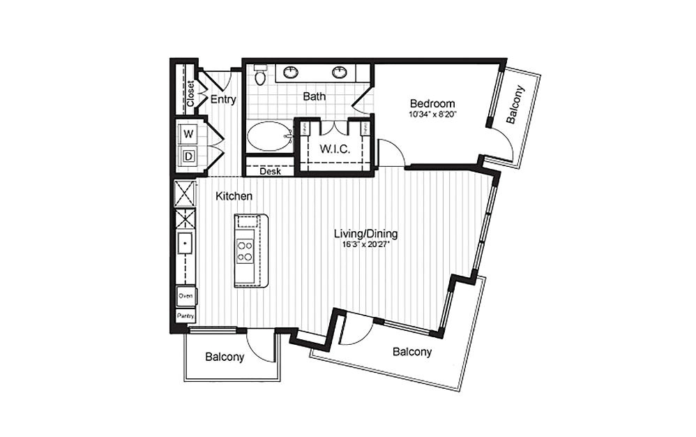 A10 - 1 bedroom floorplan layout with 1 bath and 905 square feet. (2D)