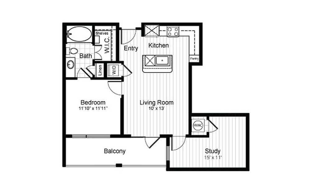 A6 - 1 bedroom floorplan layout with 1 bath and 770 square feet. (2D)