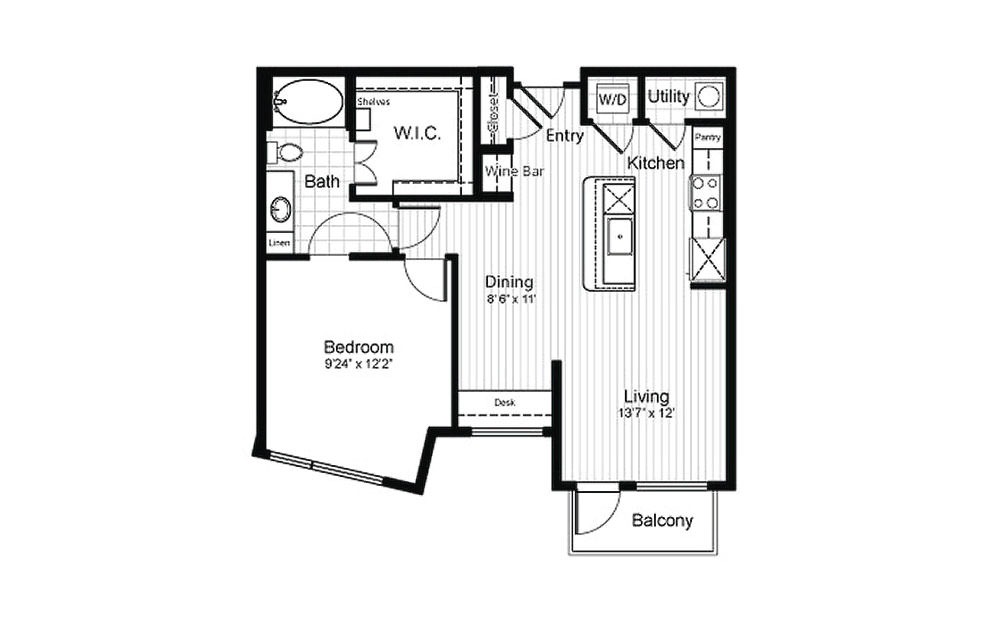 A7 - 1 bedroom floorplan layout with 1 bath and 859 square feet. (2D)