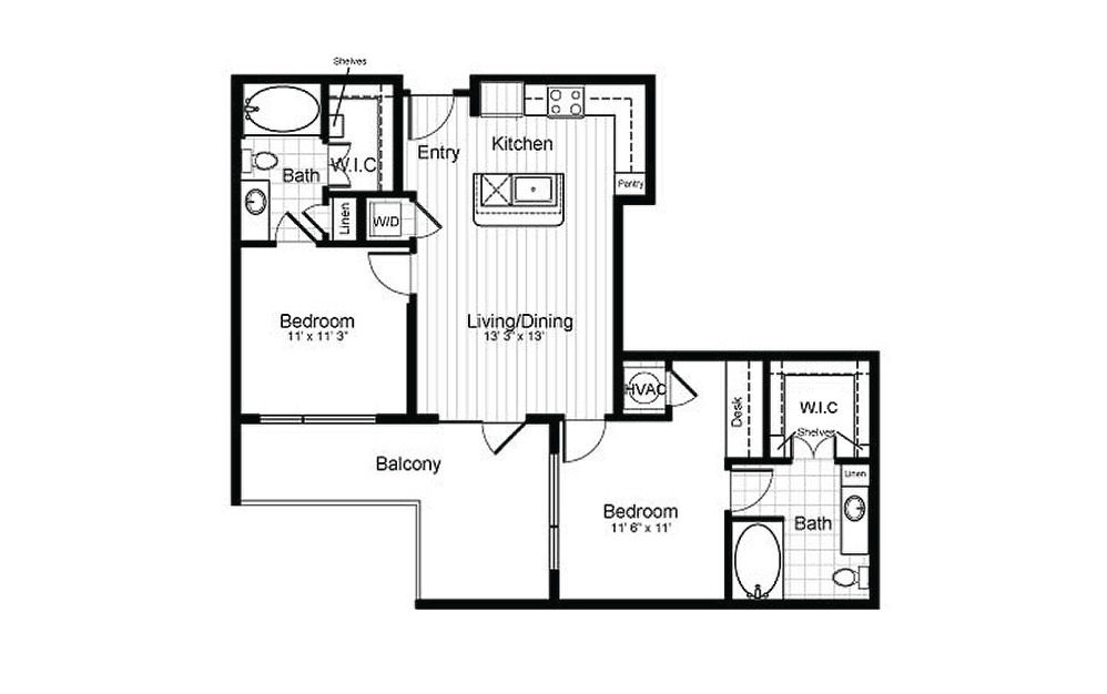 B0 - 2 bedroom floorplan layout with 2 baths and 970 square feet. (2D)