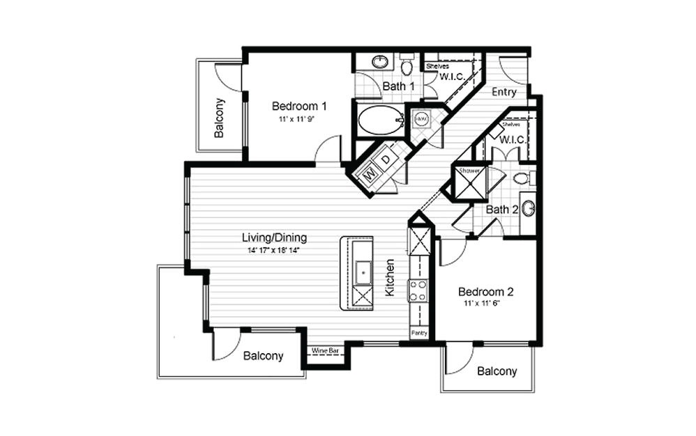 B1 - 2 bedroom floorplan layout with 2 baths and 1113 square feet.