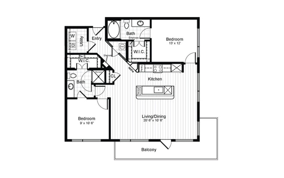 B4 - 2 bedroom floorplan layout with 2 baths and 1172 square feet. (2D)