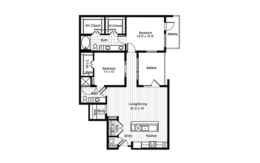 B6 - 2 bedroom floorplan layout with 2 baths and 1267 square feet.